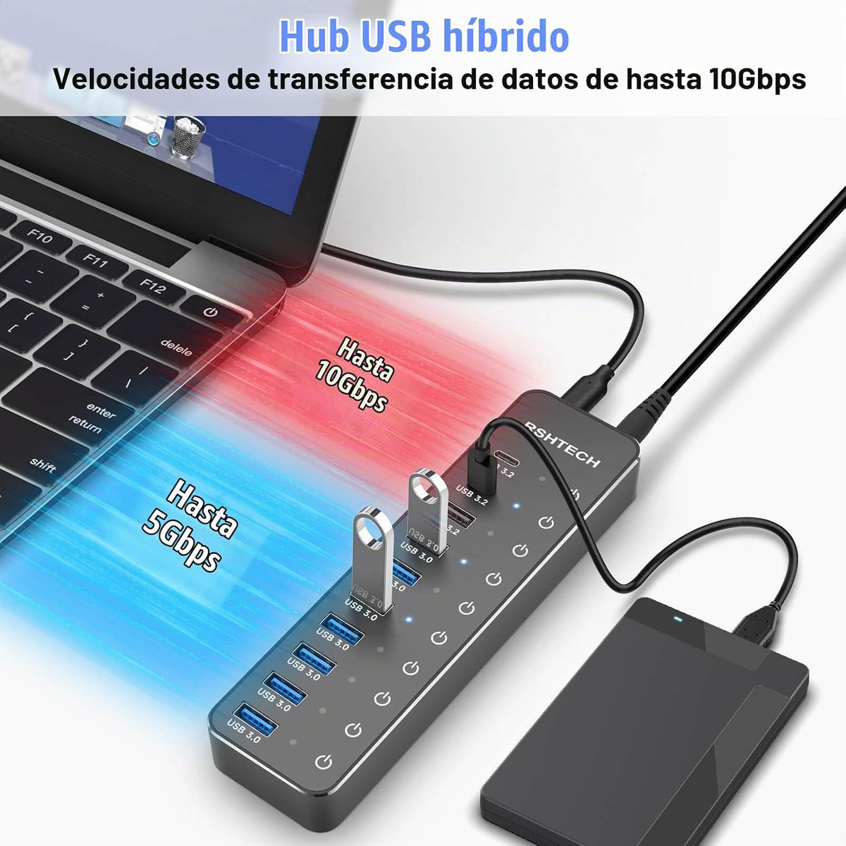 RSHTECH, RSH-ST10C, hub USB 3.2 de 10 puertos, alimentado, adaptador 12V/5A