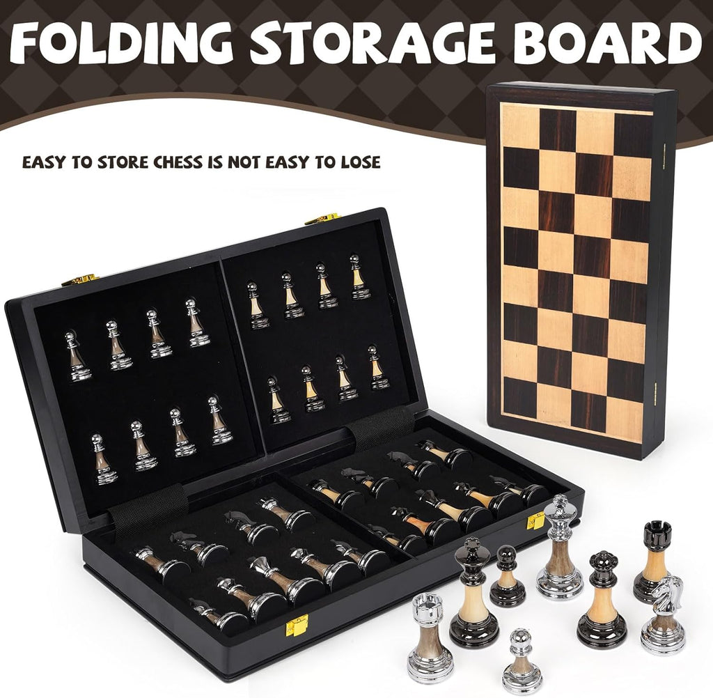Juego de ajedrez de lujo grande de metal y acrílico con tablero de ajedrez de madera (17 pulgadas), piezas de metal ponderadas con tamaño King de 3.5 pulgadas, juego de ajedrez de torneo plegable para adultos y niños, juego de mesa familiar profesional