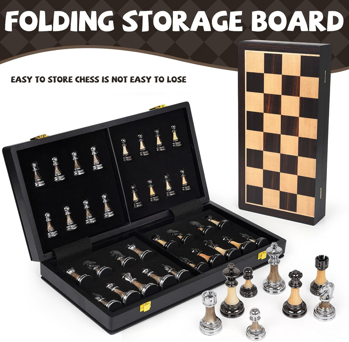 Juego de ajedrez de lujo grande de metal y acrílico con tablero de ajedrez de madera (17 pulgadas), piezas de metal ponderadas con tamaño King de 3.5 pulgadas, juego de ajedrez de torneo plegable para adultos y niños, juego de mesa familiar profesional