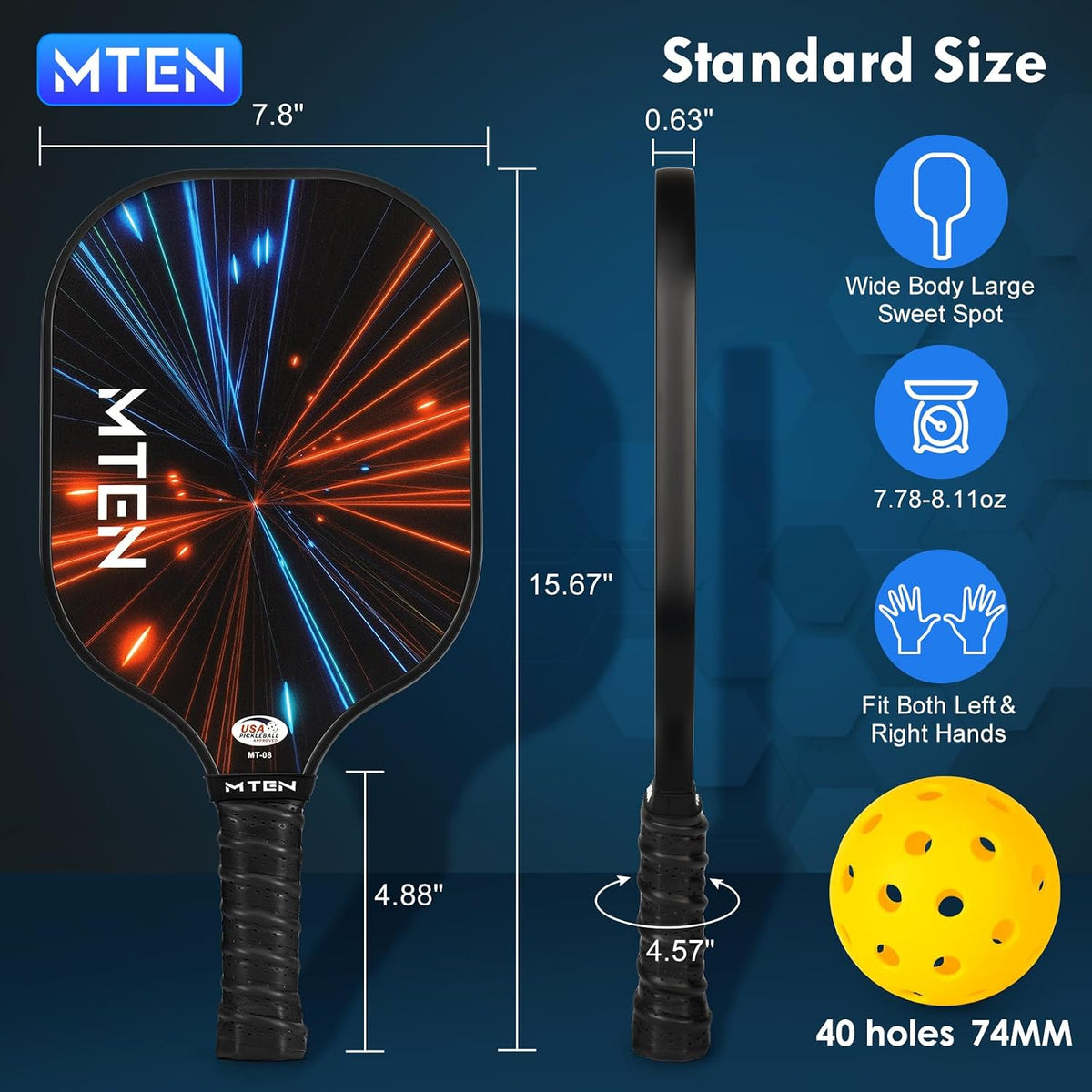 MTEN Palas de Pickleball Set de 2/4/1 Aprobadas USAPA; Raquetas de Fibra de Vidrio