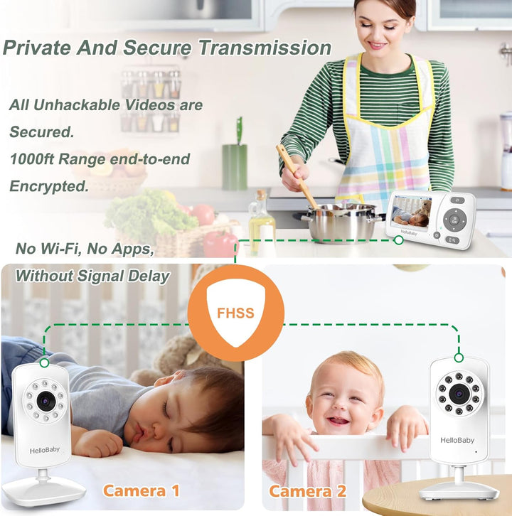 HelloBaby Monitor con 2 cámaras, pantalla de viaje portátil de 2.4...