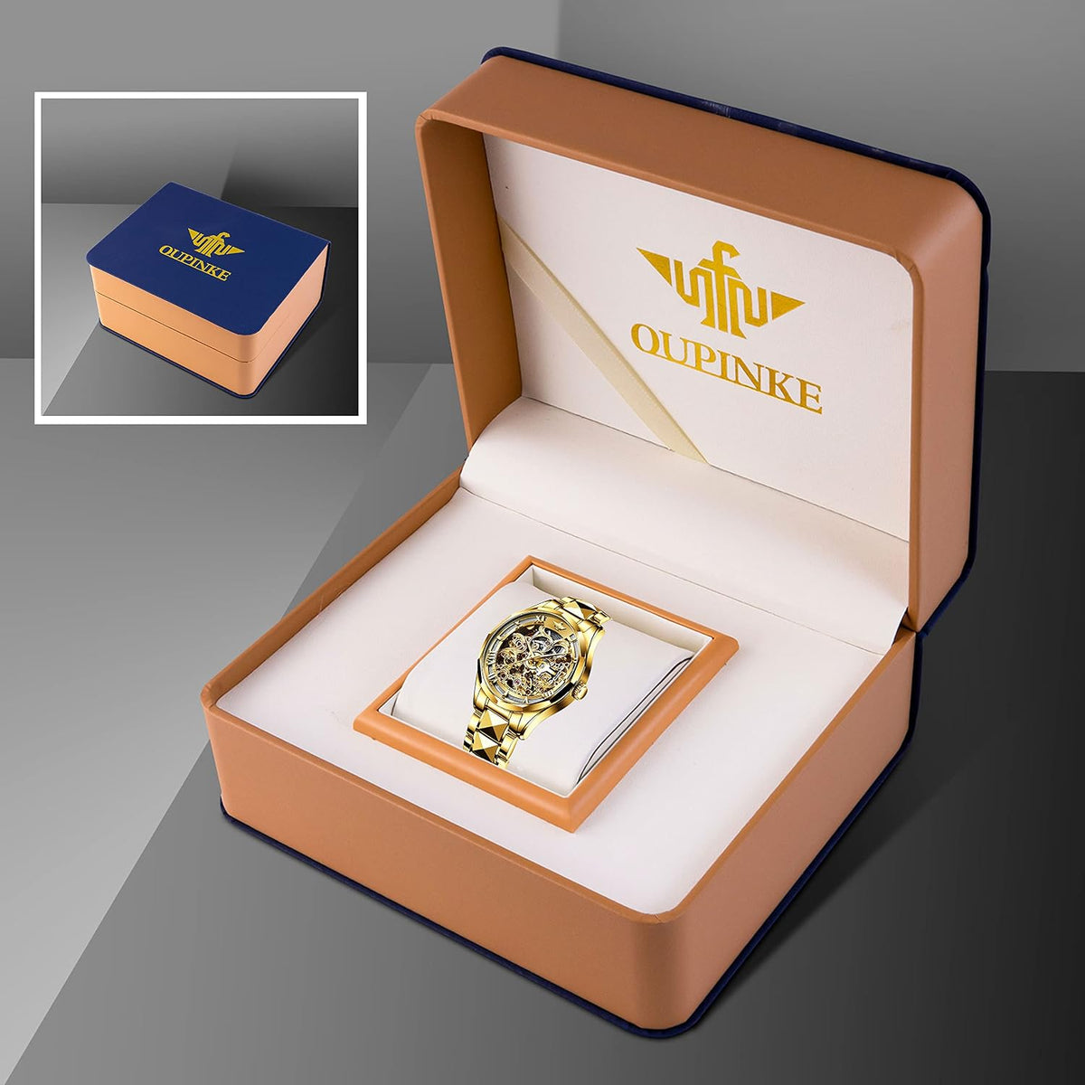 OLEVS Relojes automáticos para hombre esqueleto dorado acero inoxidable