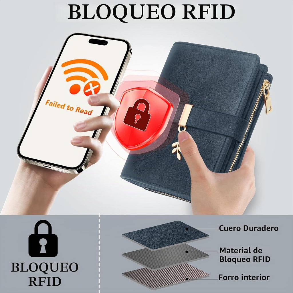 Cartera triple con bloqueo RFID para mujer, tarjetero de cuero PU