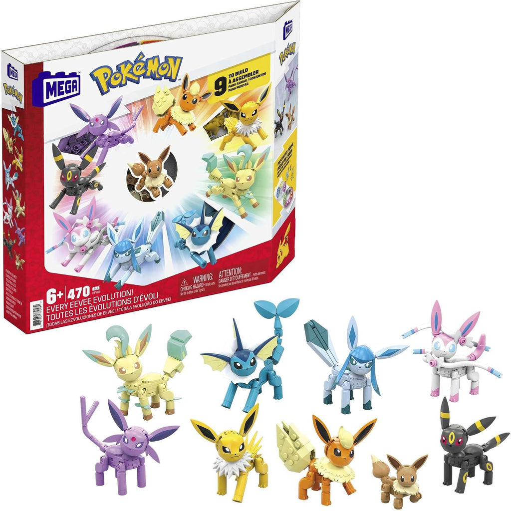 MEGA Juego de construcción de juguetes Pokémon Todas las evoluciones de Eevee con 470 piezas, 9 personajes articulados, para niños