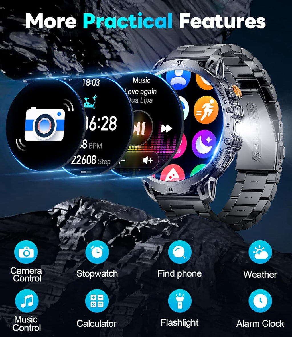 LIGE Relojes inteligentes militares para hombre (2 bandas), reloj inteligente de pantalla grande HD de 1000 mAh/1.85 pulgadas, linterna/más de 110 modos deportivos/monitor de sueño, reloj de