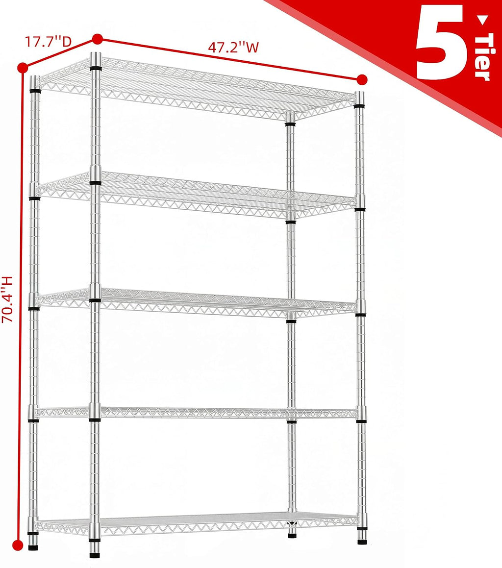 M MZG Estantes de almacenamiento de 5 niveles con carga de 3300 libras, estantes de metal de alambre de metal para almacenamiento, estantes ajustables de garaje para despensa, cocina, garaje, cromado