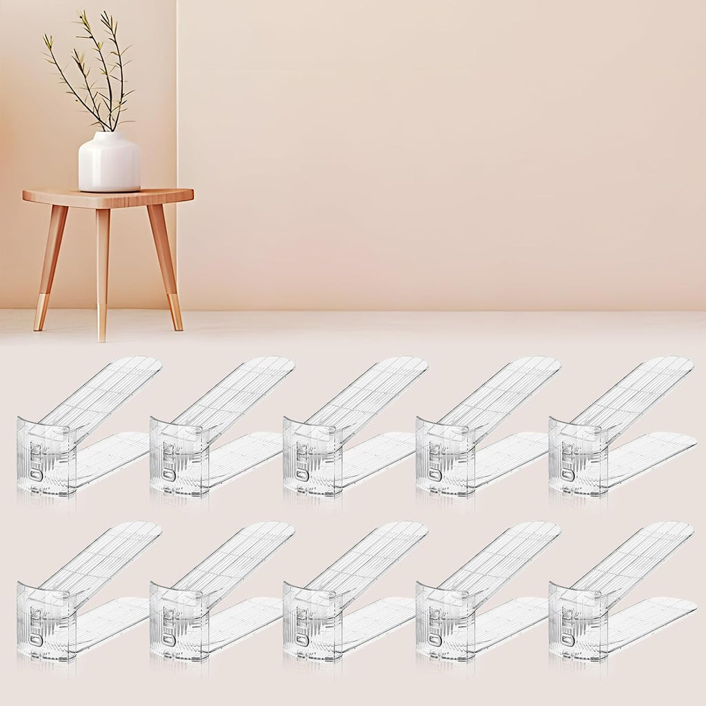 Paquete de 10 apiladores de zapatos transparentes, organizador de ranuras para zapatos para armario, exhibición de zapatos, ahorro de espacio, soporte organizador ajustable para zapatos de tacón alto, tenis (transparente)