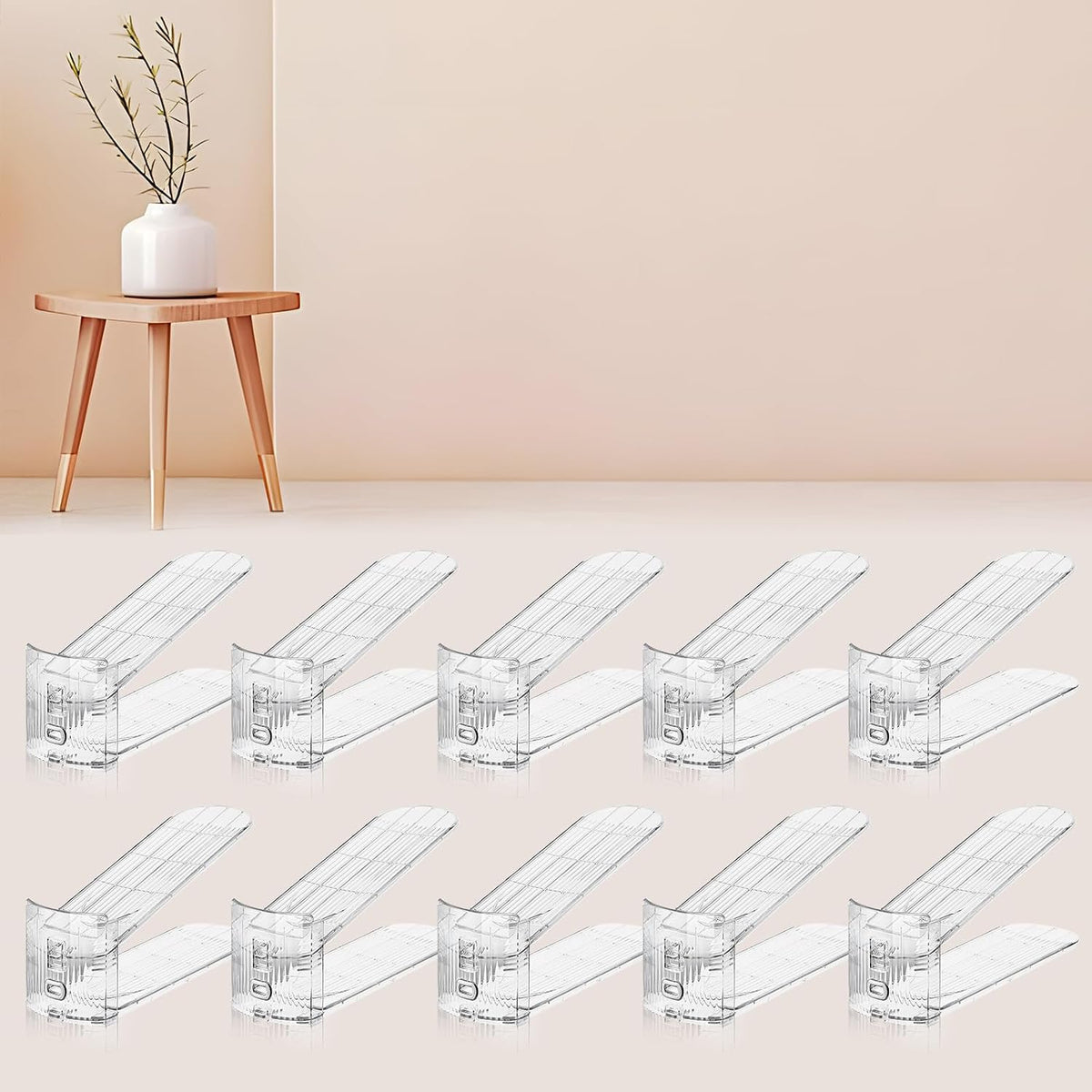 Paquete de 10 apiladores de zapatos transparentes, organizador de ranuras para zapatos para armario, exhibición de zapatos, ahorro de espacio, soporte organizador ajustable para zapatos de tacón alto, tenis (transparente)