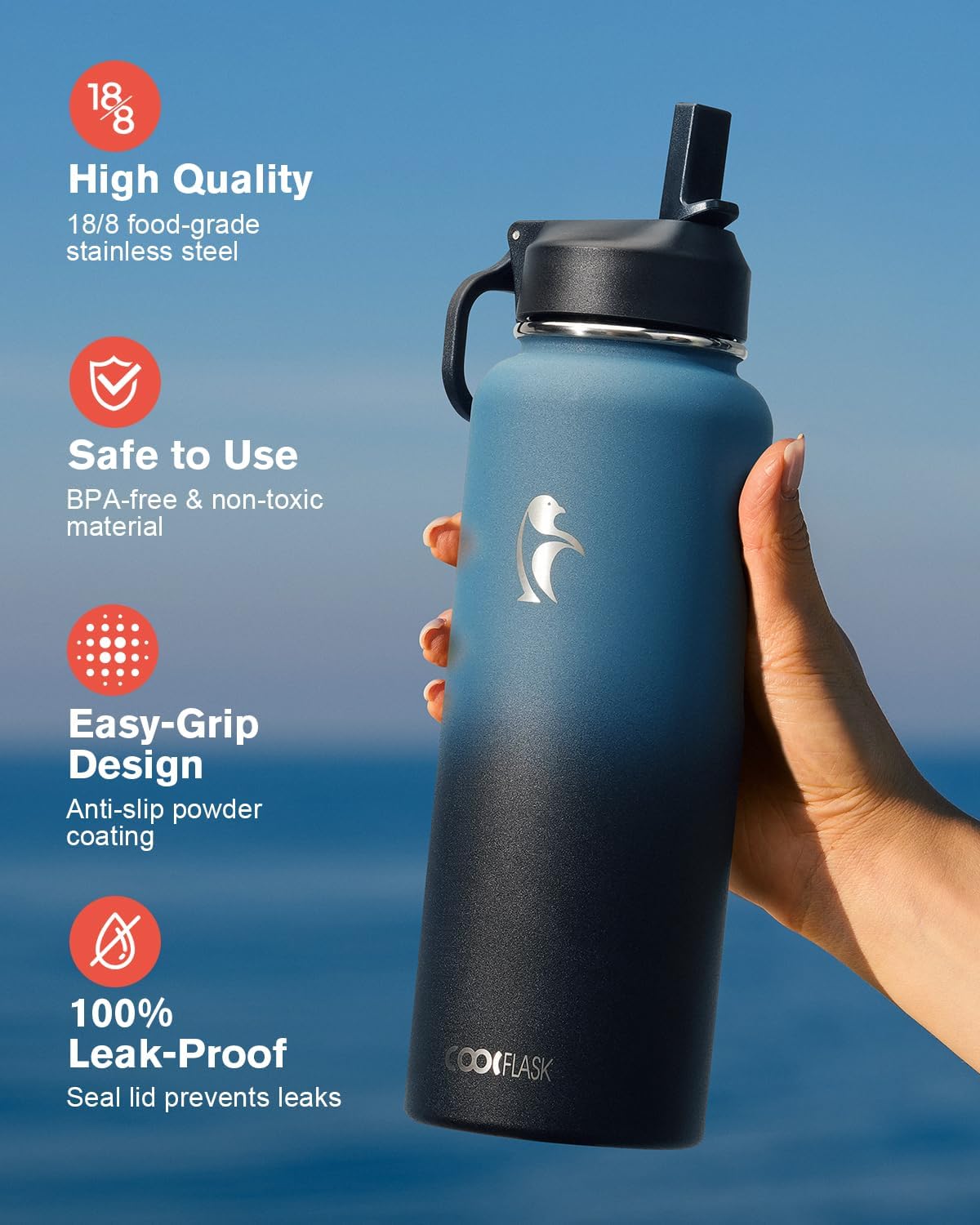 Coolflask Botella de agua de 40 onzas aislada con popote y 3 tapas a prueba