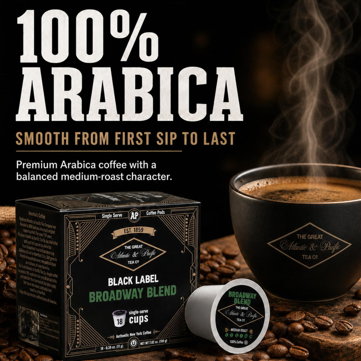 A&P Broadway Blend Cápsulas de café tostado medio, 100% arábica, 72