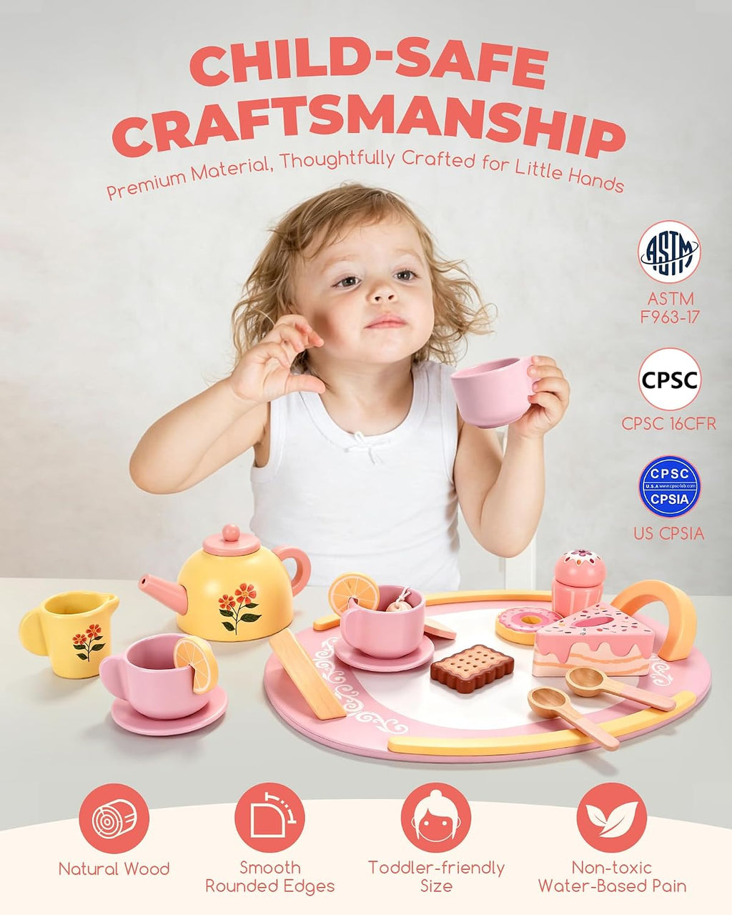 Juego de té de madera para niñas pequeñas, juego de comida de simulación