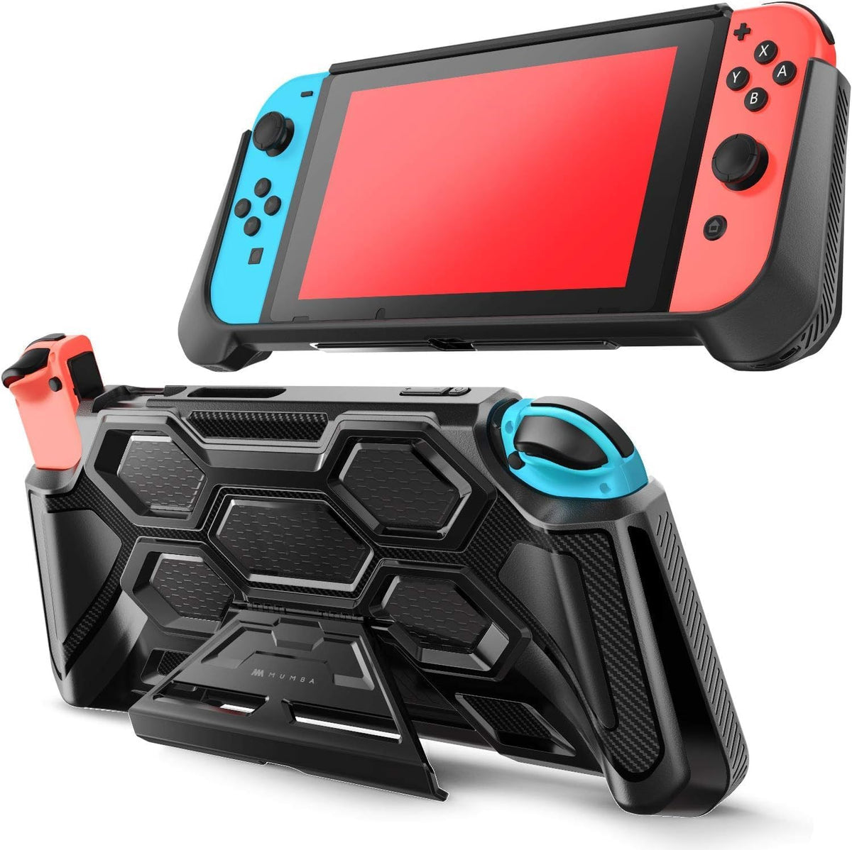 Mumba Funda protectora para Nintendo Switch 1 (versión 2017), [Battle Series] [Soporte integrado] Funda de agarre resistente para consola Nintendo Switch con cómodos agarres acolchados (negro)