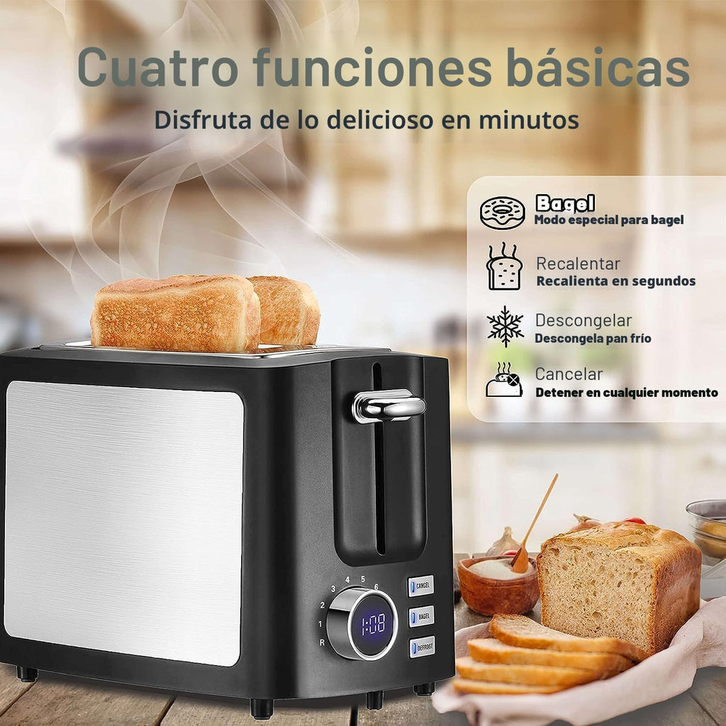 Tostadora de 2 rebanadas, tostadora negra Prime con pantalla LCD digital de cuenta regresiva para pantalla Tostadora inteligente de ranura ancha con bagel/función de descongelación/cancelación/recalentamiento y bandeja extraíble para migas