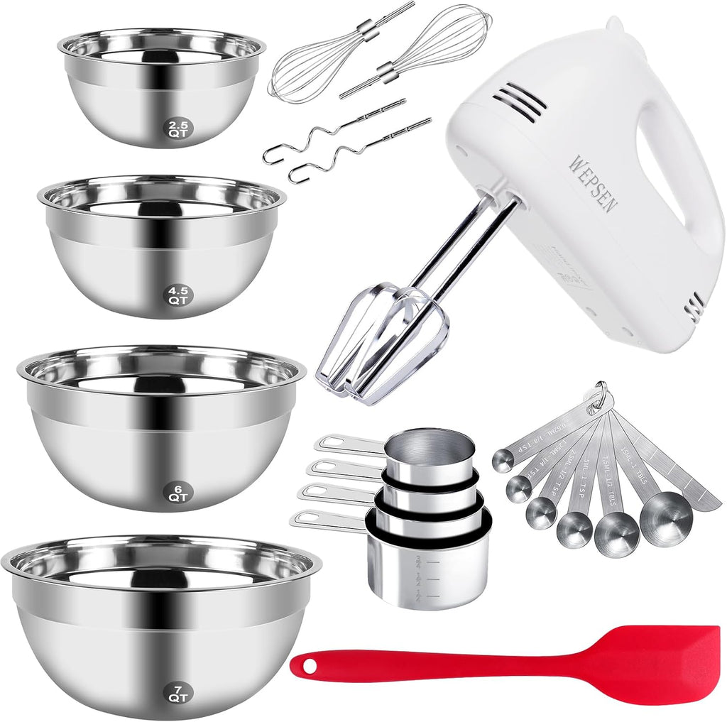 WEPSEN Batidora de mano eléctrica de 5 velocidades, juego de 4 cuencos grandes para mezclar, batidoras de mano con batidores, cuenco de metal de acero inoxidable, tazas medidoras, cucharas, batidora de pastel de cocina para suministros para hornear