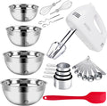 WEPSEN Batidora de mano eléctrica de 5 velocidades, juego de 4 cuencos grandes para mezclar, batidoras de mano con batidores, cuenco de metal de acero inoxidable, tazas medidoras, cucharas, batidora de pastel de cocina para suministros para hornear