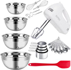 WEPSEN Batidora de mano eléctrica de 5 velocidades, juego de 4 cuencos grandes para mezclar, batidoras de mano con batidores, cuenco de metal de acero inoxidable, tazas medidoras, cucharas, batidora de pastel de cocina para suministros para hornear