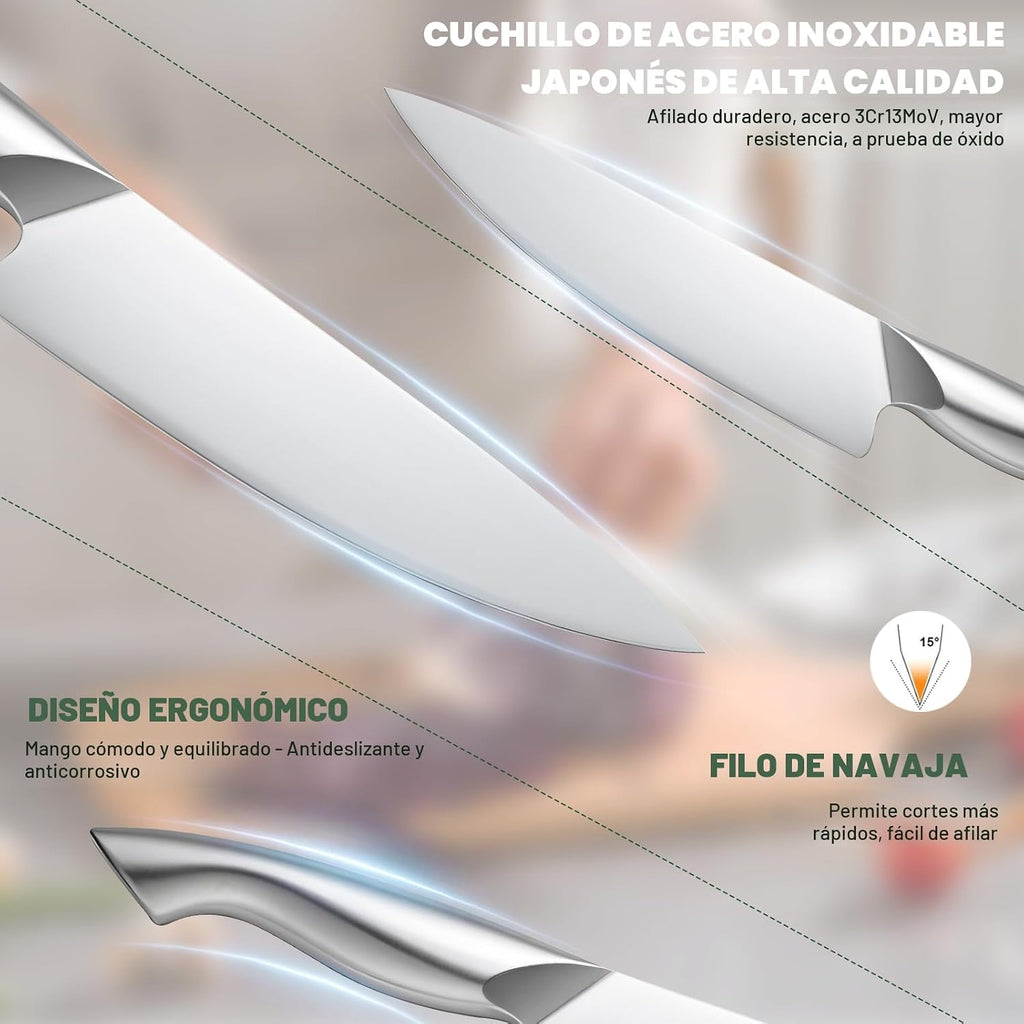 EWFEN - Juego de cuchillos de cocina de 14 piezas con bloque, cuchillos de acero inoxidable alemán con afilador de cuchillos integrado, juego de cuchillos afilados antideslizantes para cocina, apto para lavavajillas, mango curvado