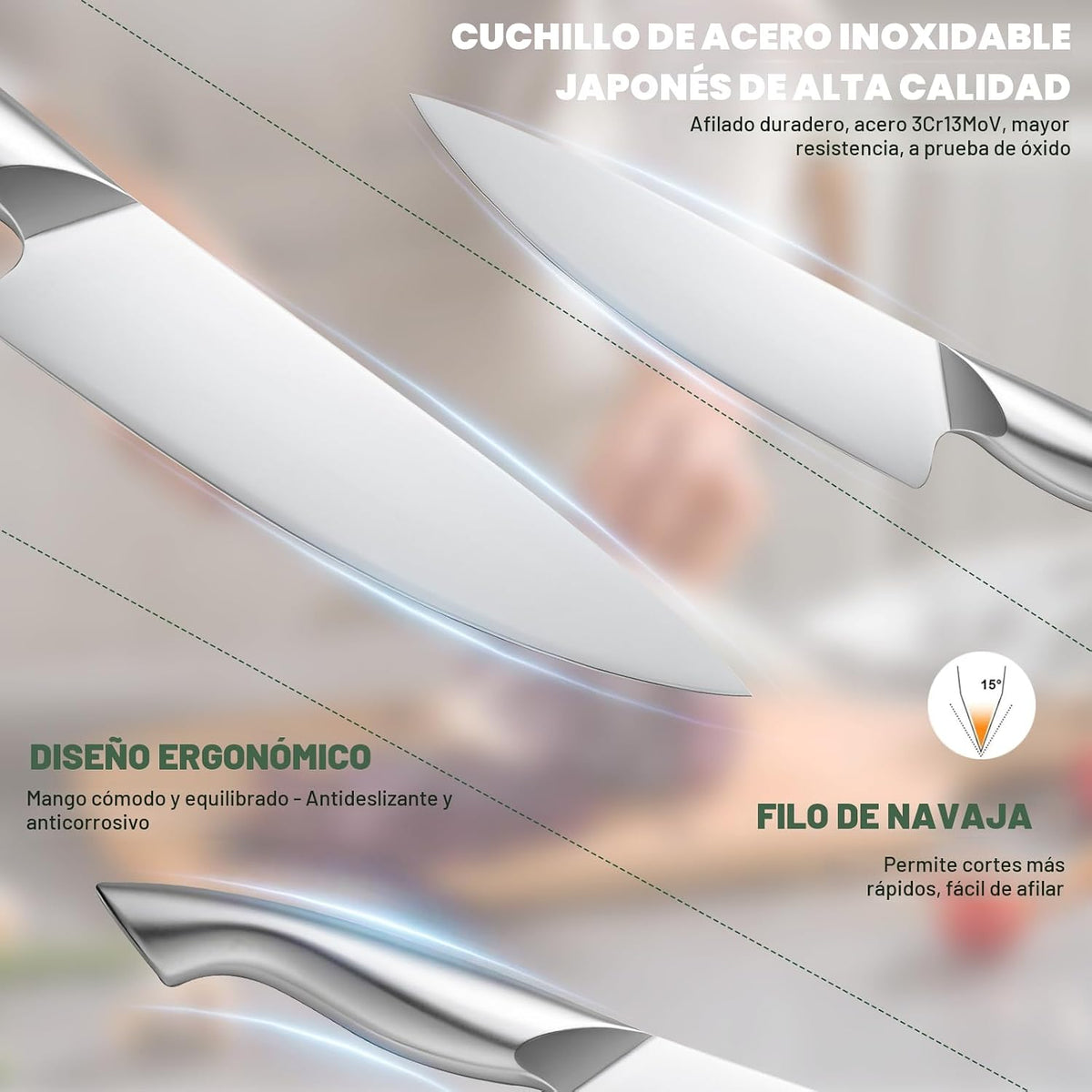 EWFEN - Juego de cuchillos de cocina de 14 piezas con bloque, cuchillos de acero inoxidable alemán con afilador de cuchillos integrado, juego de cuchillos afilados antideslizantes para cocina, apto para lavavajillas, mango curvado