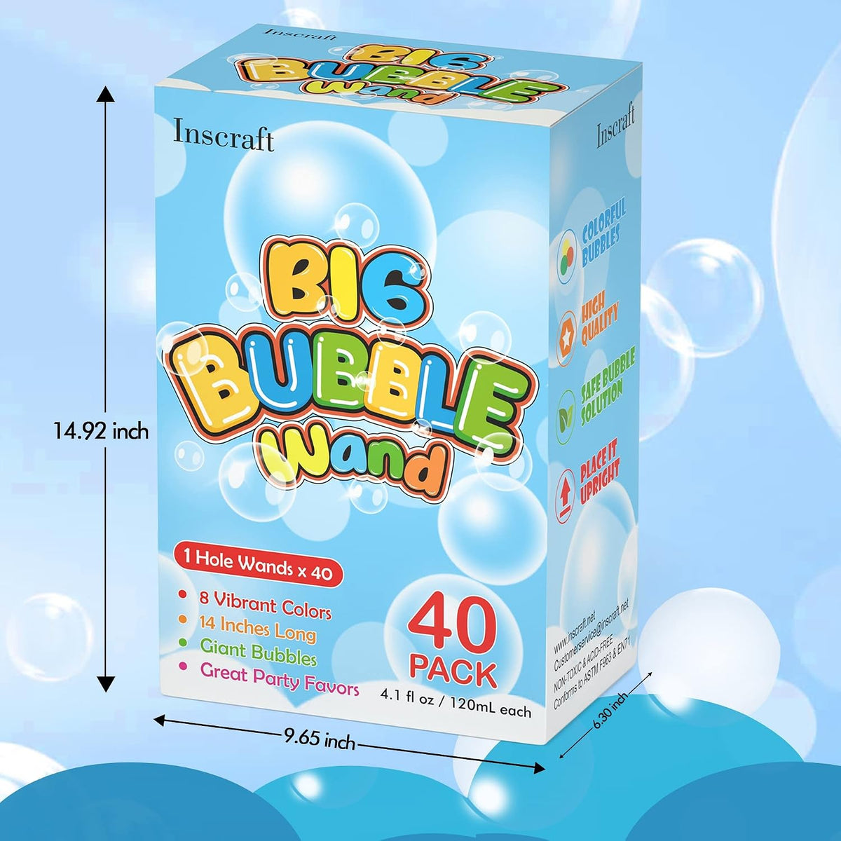 Inscraft Paquete de 40 varitas de burbujas grandes de 14 pulgadas, 8 burbujas de colores a granel para juguete de verano, uso de actividades al aire libre e interior, Pascua, cumpleaños, graduación, ducha, suministros de fiesta de burbujas para niños