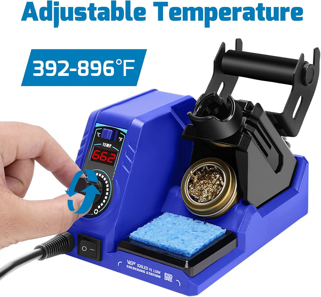 WEP 926LED V1 110W Kit de estación de soldador con alambre de soldadura, 5 puntas de soldadura, limpiador de puntas, pinzas, bomba desoldadora con control de temperatura de precisión, modo de suspensión, ℉/℃