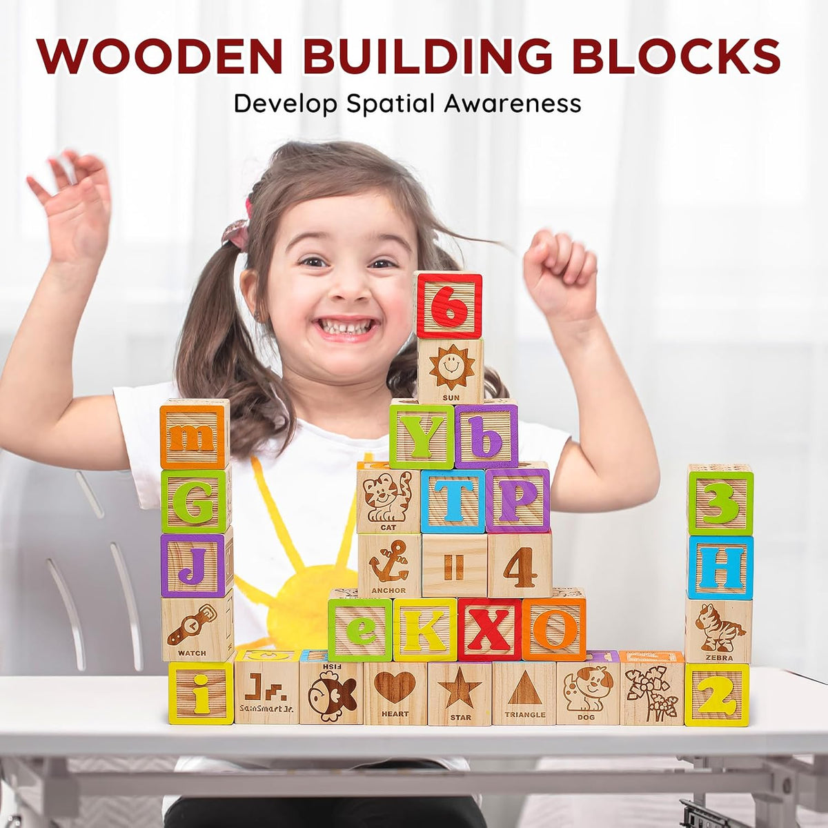SainSmart Jr. Bloques de madera del alfabeto de 1.73 pulgadas, 30 bloques de construcción que incluyen letras, números y animales, bloques de madera Montessori para niños en edad preescolar
