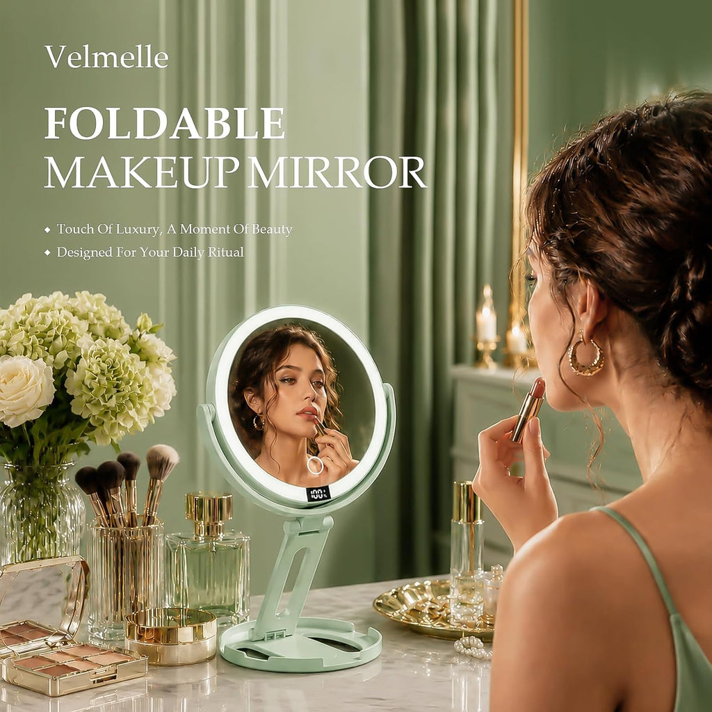 Espejo de maquillaje de viaje con luces, espejo de aumento de doble cara 1X