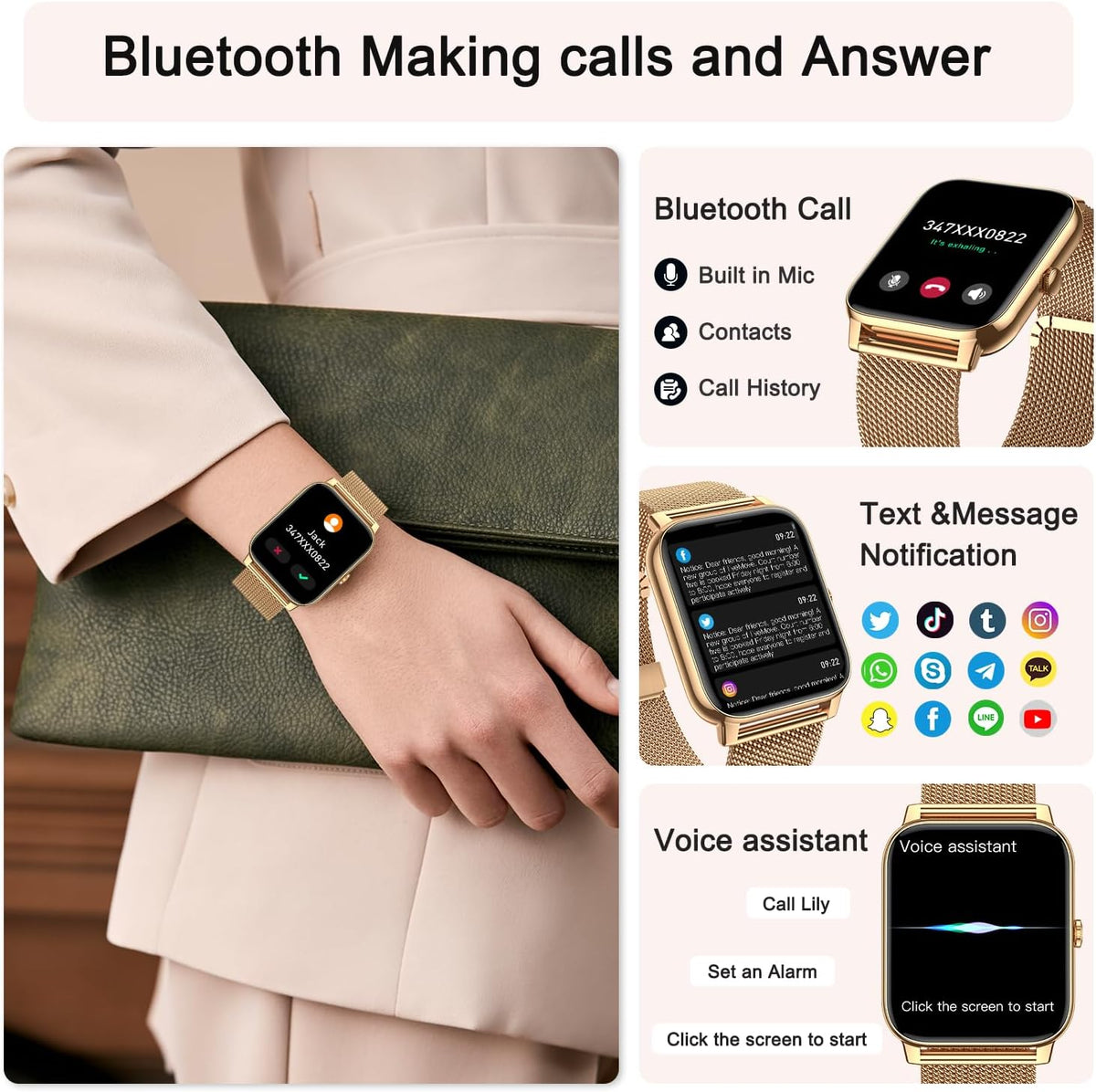 Reloj inteligente para mujer con rastreador de fitness: relojes inteligentes dorados para mujer, relojes digitales para hombre, hacer/responder llamada, impermeable, reloj inteligente para correr
