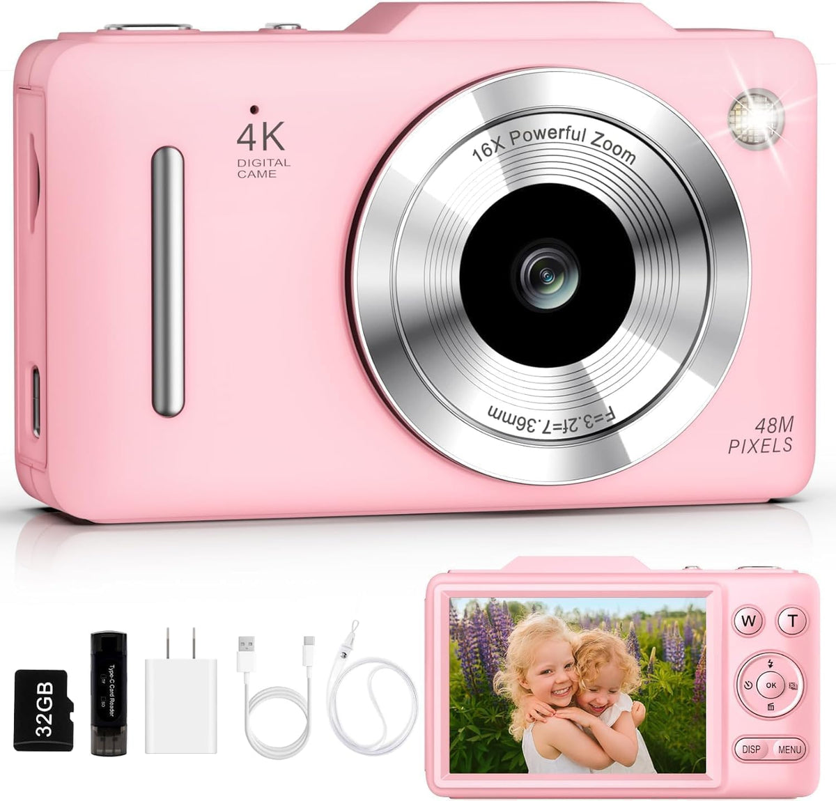 Cámara digital 4K de enfoque automático para vlogging para fotografía con zoom de 16X, antivibración, tarjeta 32G8, cámara compacta portátil de 48 MP, regalo para niños principiantes (rosa)