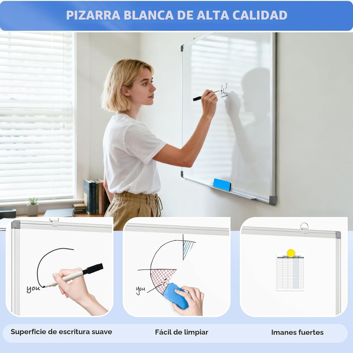Pizarra blanca de doble cara de borrado en seco magnético para pared, 24 x