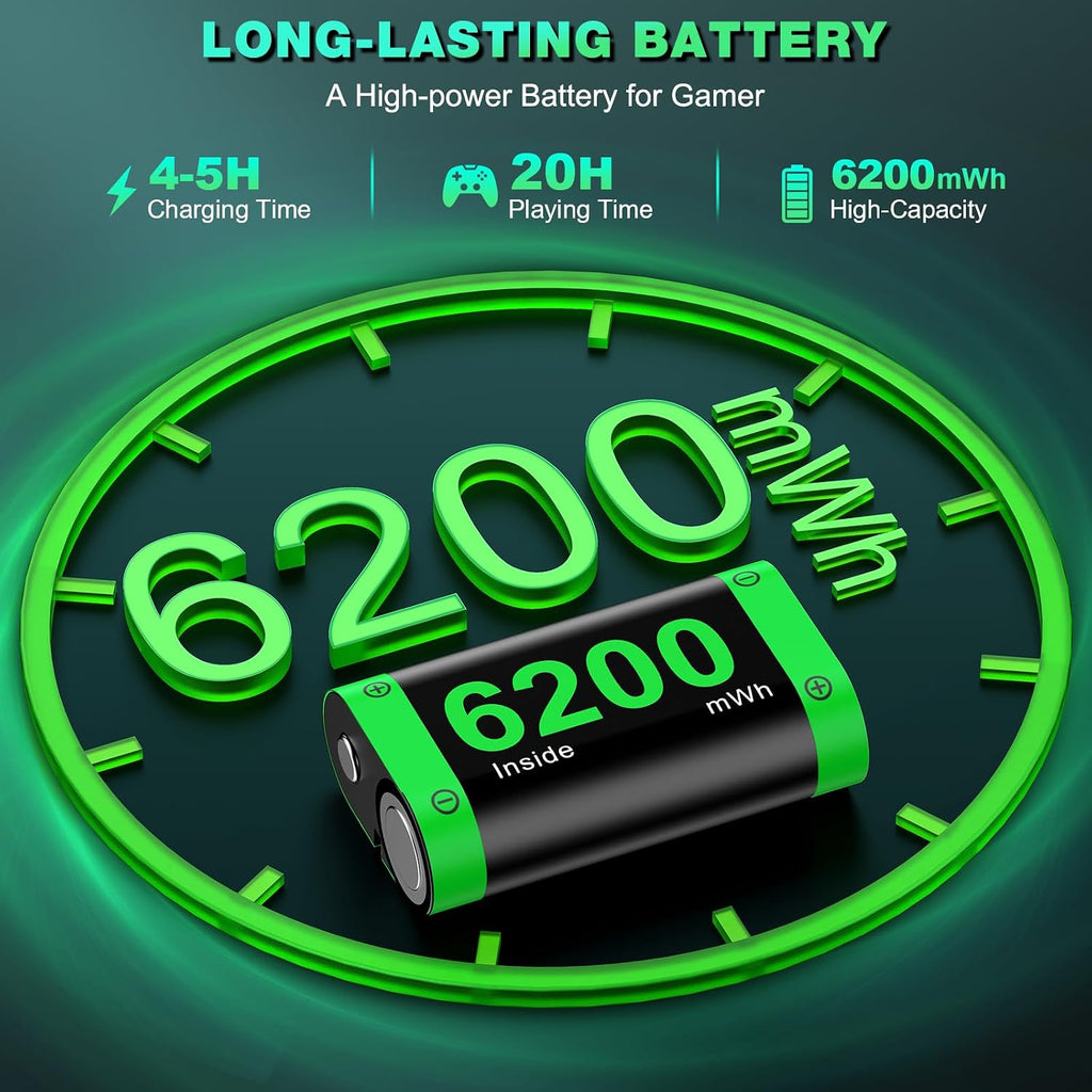 DINOSTRIKE Paquete de 4 baterías de 6200 mWh compatibles con estación de carga del controlador Xbox One/Series S/X. Cable USB C extendido: batería recargable para Xbox