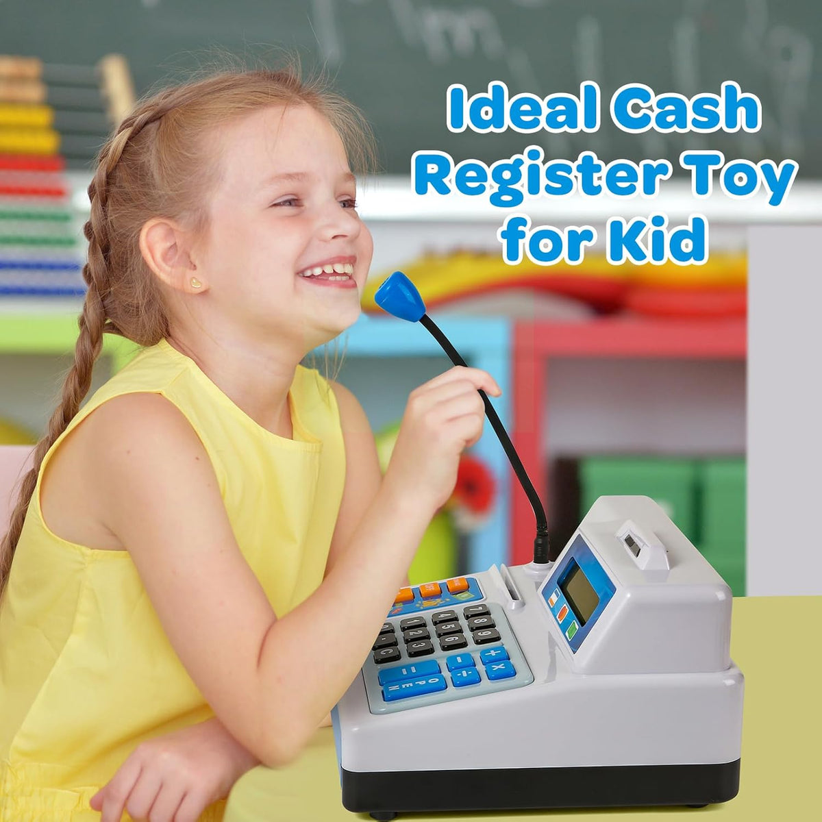 Bstoyder Calculadora de caja registradora de juguete de regalo para niños de 3, 4, 5, 6, 7, 8 años en adelante, 103 piezas de comestibles con micrófono, tarjeta de crédito, caja registradora para niños pequeños de 4 a 8 años