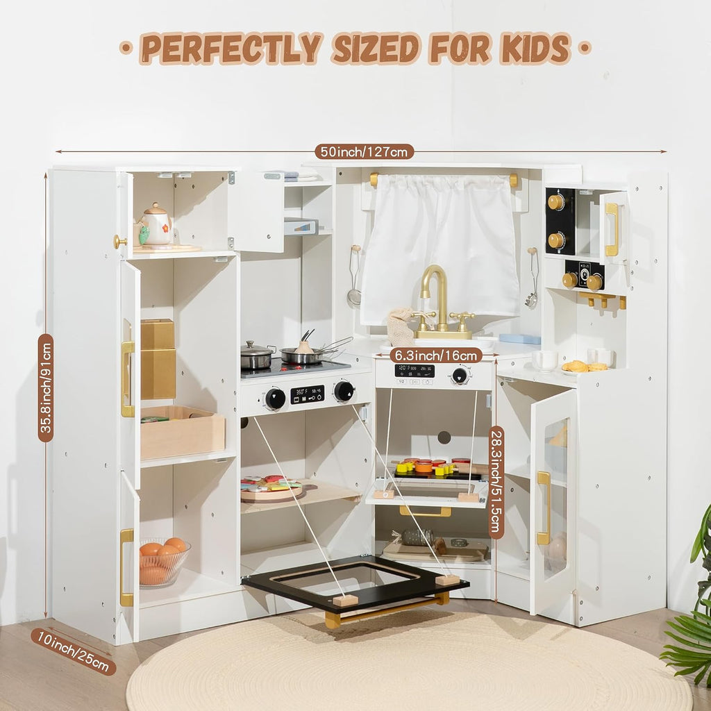 Juguete de Cocina de Juego de Madera Interactivo para Niños – Luces y Sonidos Realistas, Diseño de Esquina con 8 Accesorios, Regalo para Niñas y Niños de 3+ Años