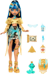 Muñeca Monster High Cleo De Nile con blusa dorada y falda de capas,...