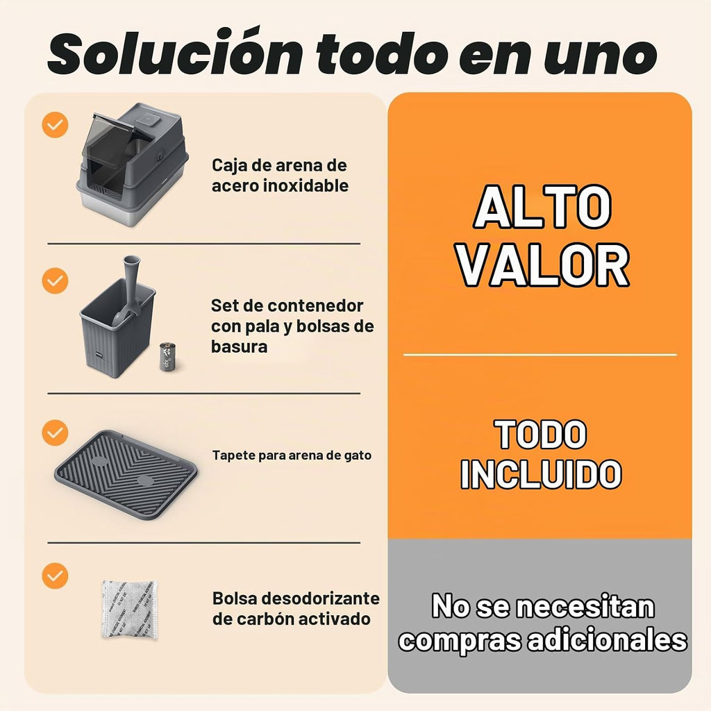 AIPERRO Caja de arena cerrada para gatos de acero inoxidable con tapa de
