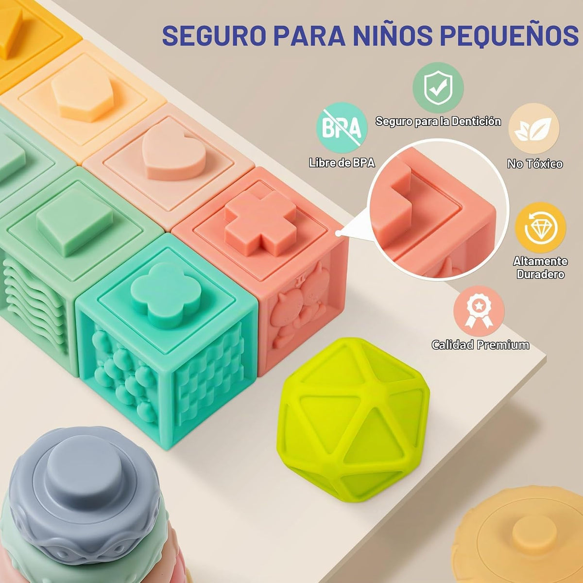 Juguetes para Bebés de 6 a 12 Meses, Juguetes Montessori 5 en 1 para Niños de 1 Año, Incluye Juguete de Cuerda de Viaje y Sonajero Mordedor y Bloque Apilable para Bebé y Anillo Suave Infantil y Pelota
