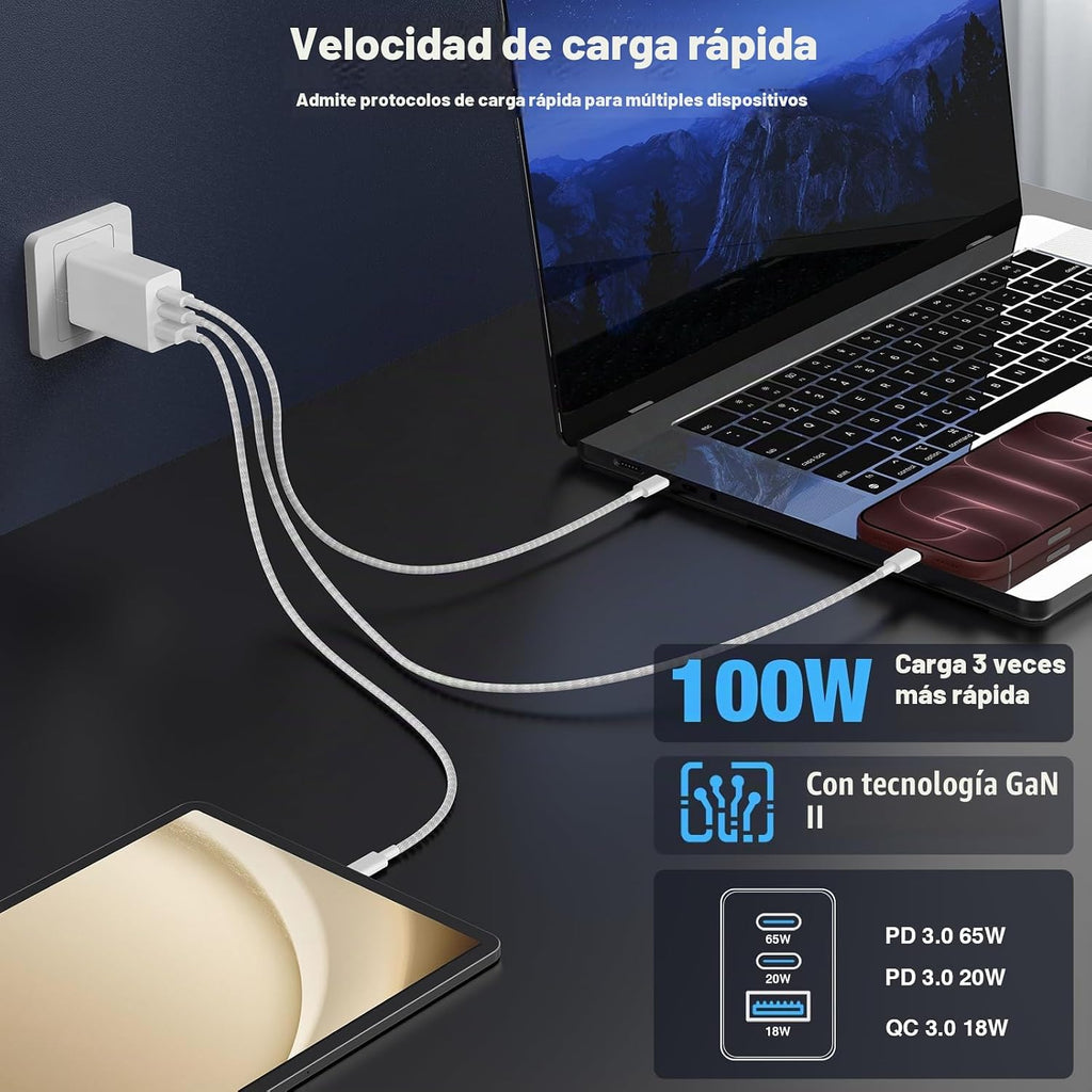 Carga rápida de 65 W para iPhone Duo 18 17 16 Pro Max, bloque de carga USB C de 3 puertos de 100 W y cable trenzado tipo C de 3/6/10/10 pies para iPhone 17 16 15 Pro/MacBook Air/iPhone 18 Pro/para