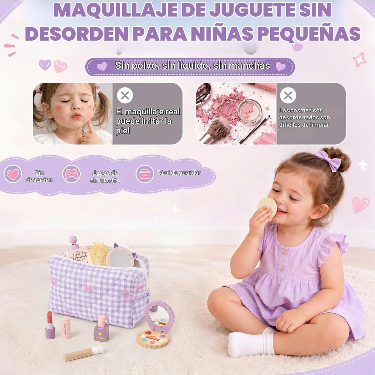 Set de Maquillaje de Madera para Jugar de 3 a 5 Años con Trenza de Princesa y Cierre