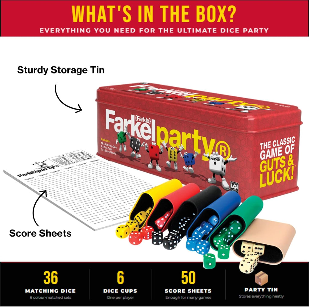 Farkel Juego de dados clásicos para fiestas, juego de dados con licencia oficial de Farkle, 36 dados, 6 tazas, hojas de puntuación y lata de almacenamiento, juego de dados de viaje para noche de juego familiar | 2+ jugadores, a partir de 8 años