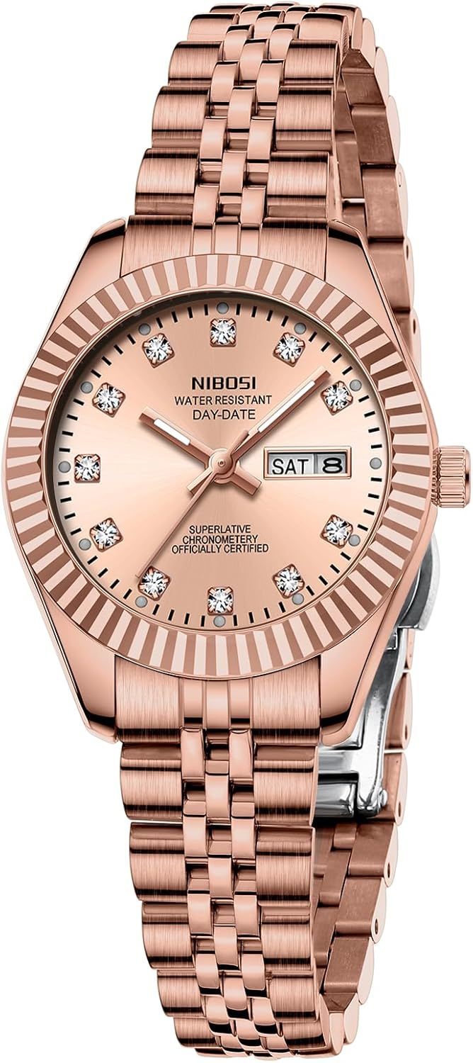 NIBOSI Relojes para mujeres, reloj analógico de cuarzo, esfera de acero inoxidable con día y fecha, luminoso, impermeable, elegante, clásico, de diamante, lujoso, para muñecas pequeñas
