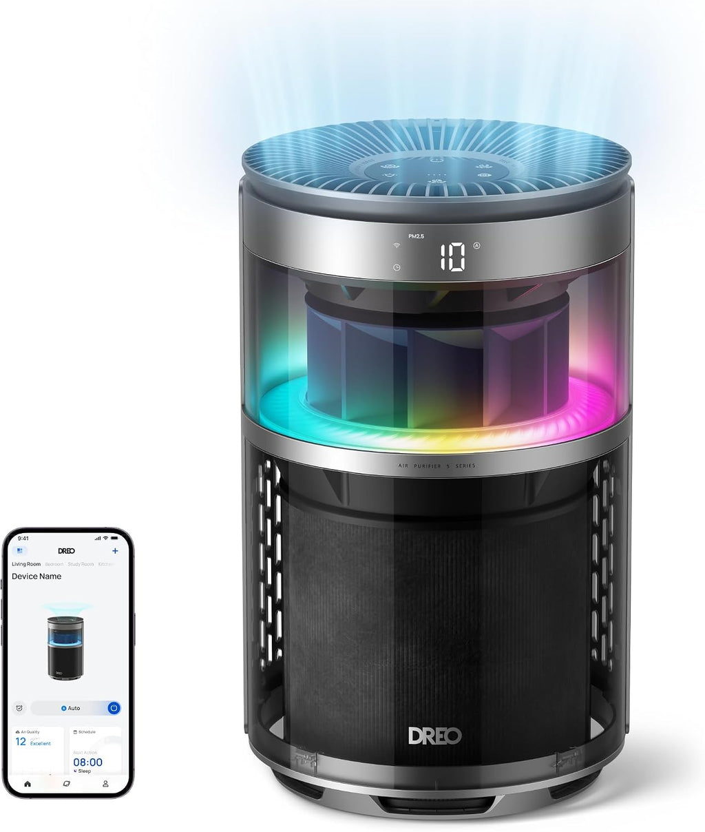 DREO Purificador de aire inteligente con luz RGBIC, limpiador de aire doméstico con Wi-Fi/Voz/Alexa, 4 velocidades y modos de sueño automático/turbo/HEPA para humo, polvo, polen, olor, monitor de