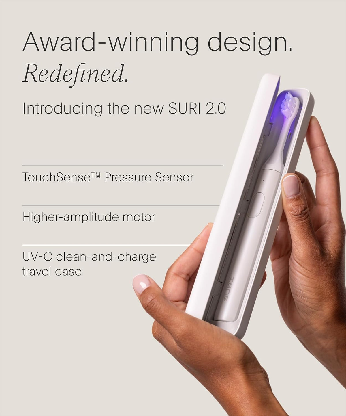 SURI 2.0 Nuevo cepillo de dientes eléctrico sónico con sensor de presión y estuche de viaje con limpieza UV | Batería de más de 1 mes | cepillo de dientes eléctrico para adultos | cepillos de dientes