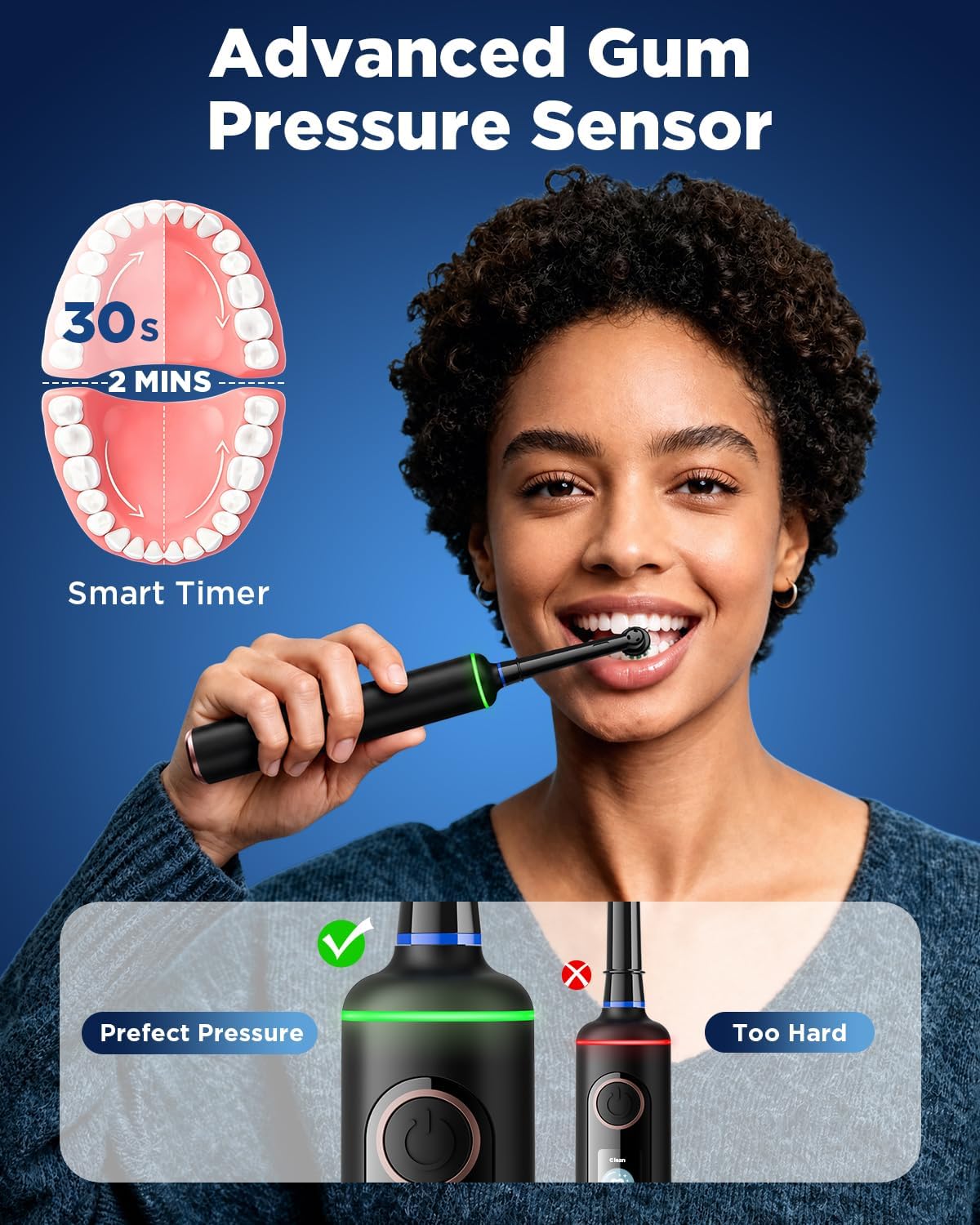 Cepillo de dientes eléctrico giratorio para adultos, cepillo de dientes eléctrico recargable, 5 modos de limpieza, temporizador inteligente de 2 minutos, incluye 8 cabezales de cepillo de