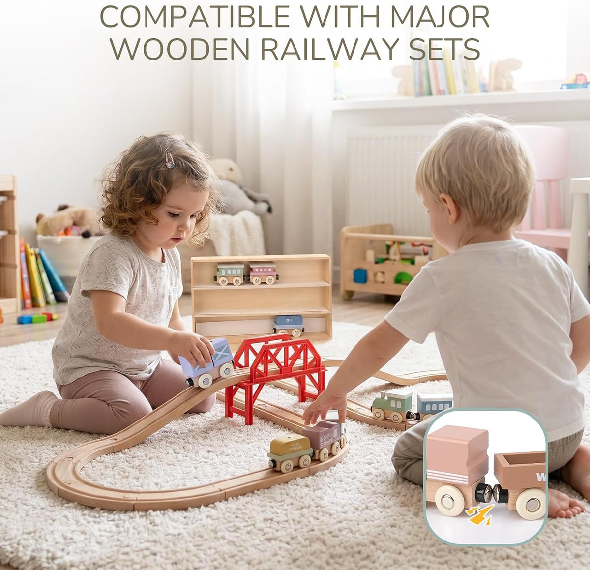Juego de tren de madera para niños pequeños, 12 vagones magnéticos Montessori con caja de regalo de almacenamiento, compatible con las principales marcas, juguete de bloques apilables de madera para