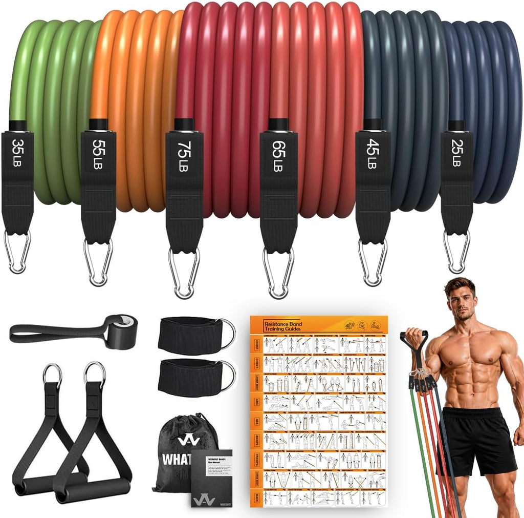 WHATAFIT Bandas de resistencia, bandas de ejercicio de 5 niveles con asas