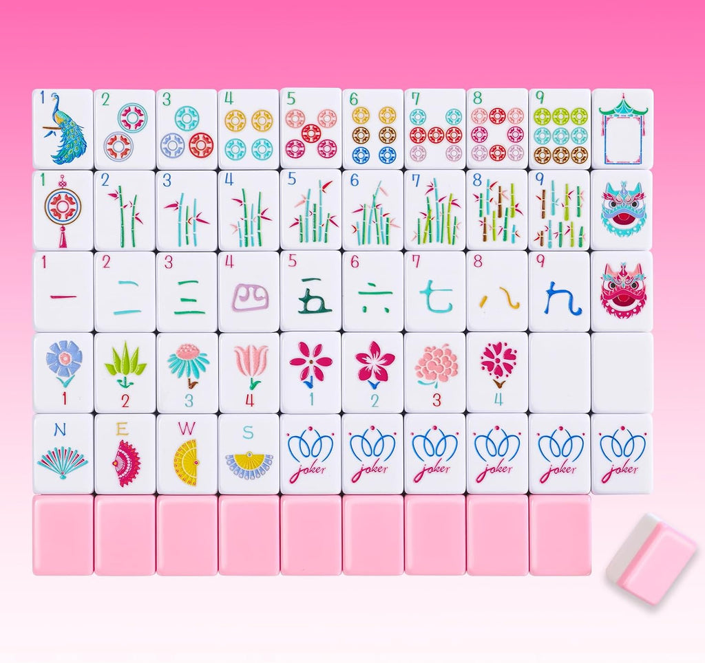 Set de 160 Fichas de Mahjong en color Rosa con Grabado y Bolsa de Transporte y Accesorios, Juego de Fichas de Mahjong de 1.2’’