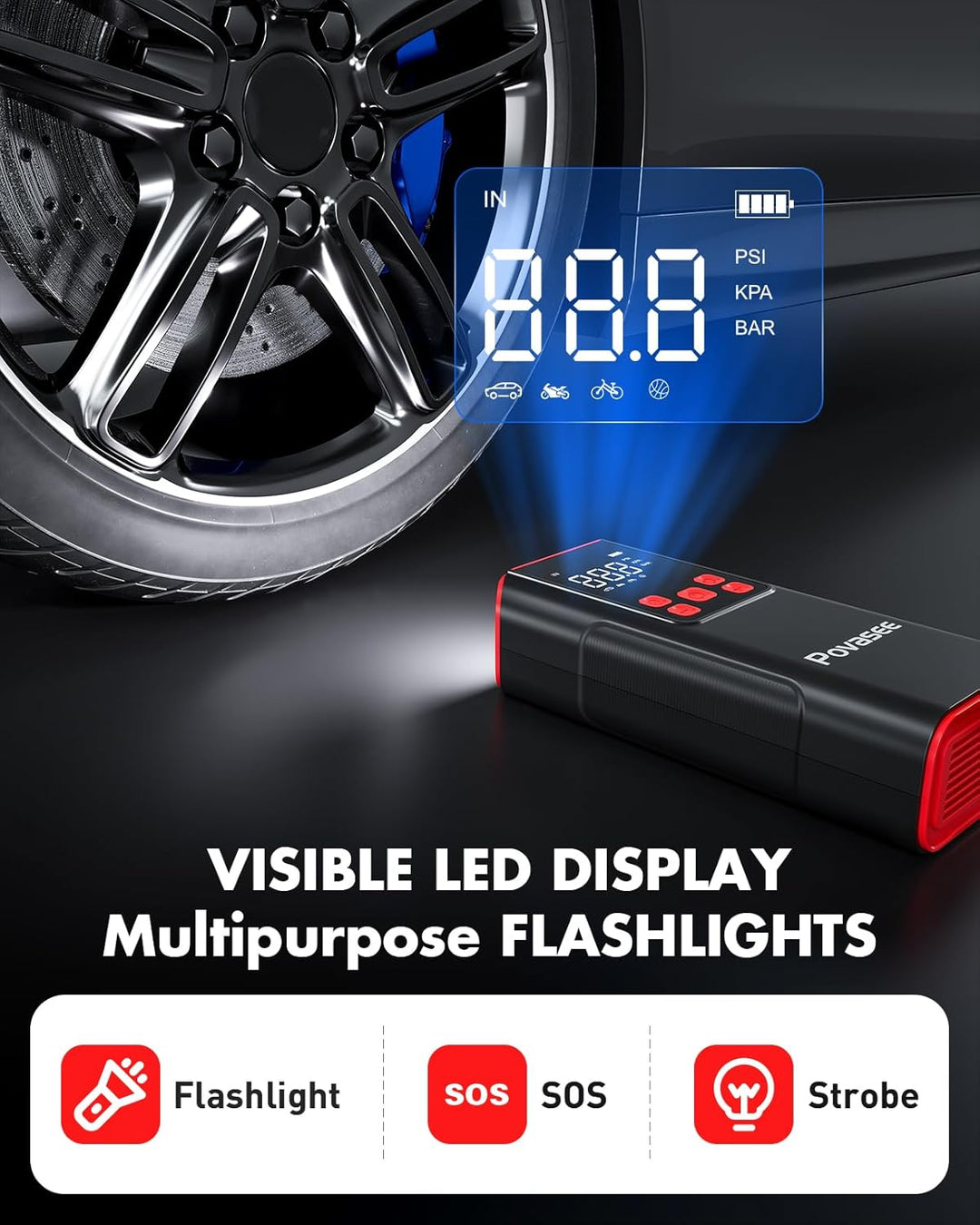 Inflador de Neumáticos Compresor de Aire Portátil Povasee 150PSI Bo...