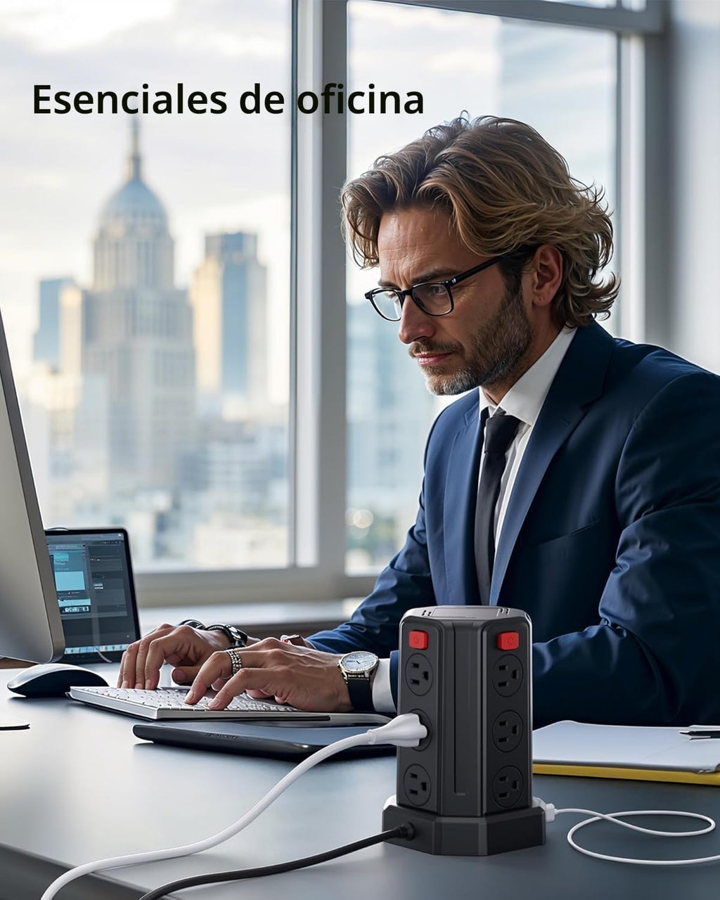 SMALLRT - Cable de extensión de 10 pies con 12 tomas de corriente alterna múltiples, 4 USB (1 USB C), estación de carga de escritorio SMALLRT para hogar, oficina, universidad, dormitorio esencial