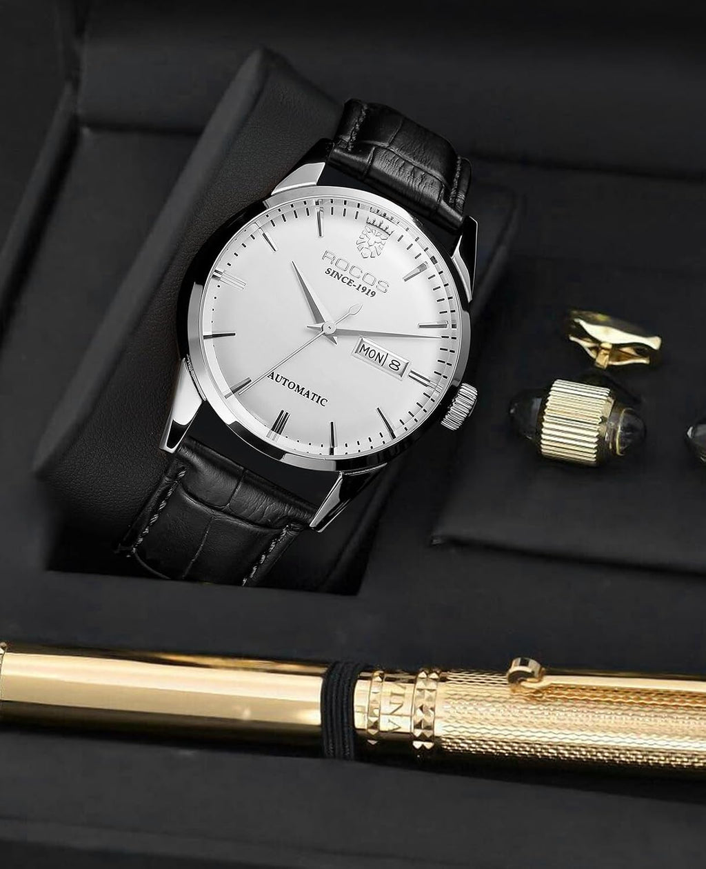ROCOSJEWE Reloj mecánico automático para hombre, correa de cuero negro