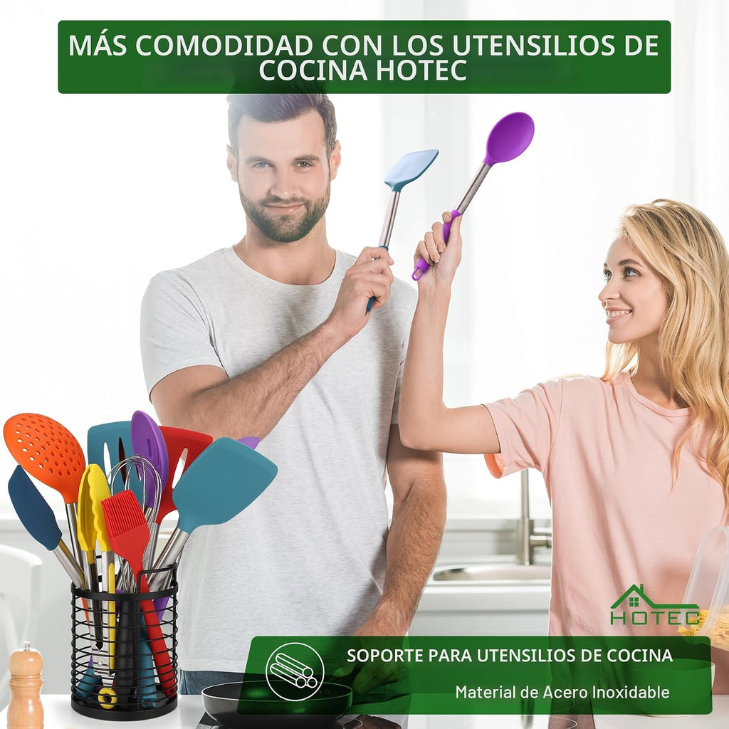 HOTEC Utensilios de cocina de silicona resistentes al calor de 446 °F, juego de utensilios de cocina, juego de espátula, sin BPA, utensilios de cocina, soporte para utensilios, apto para lavavajillas