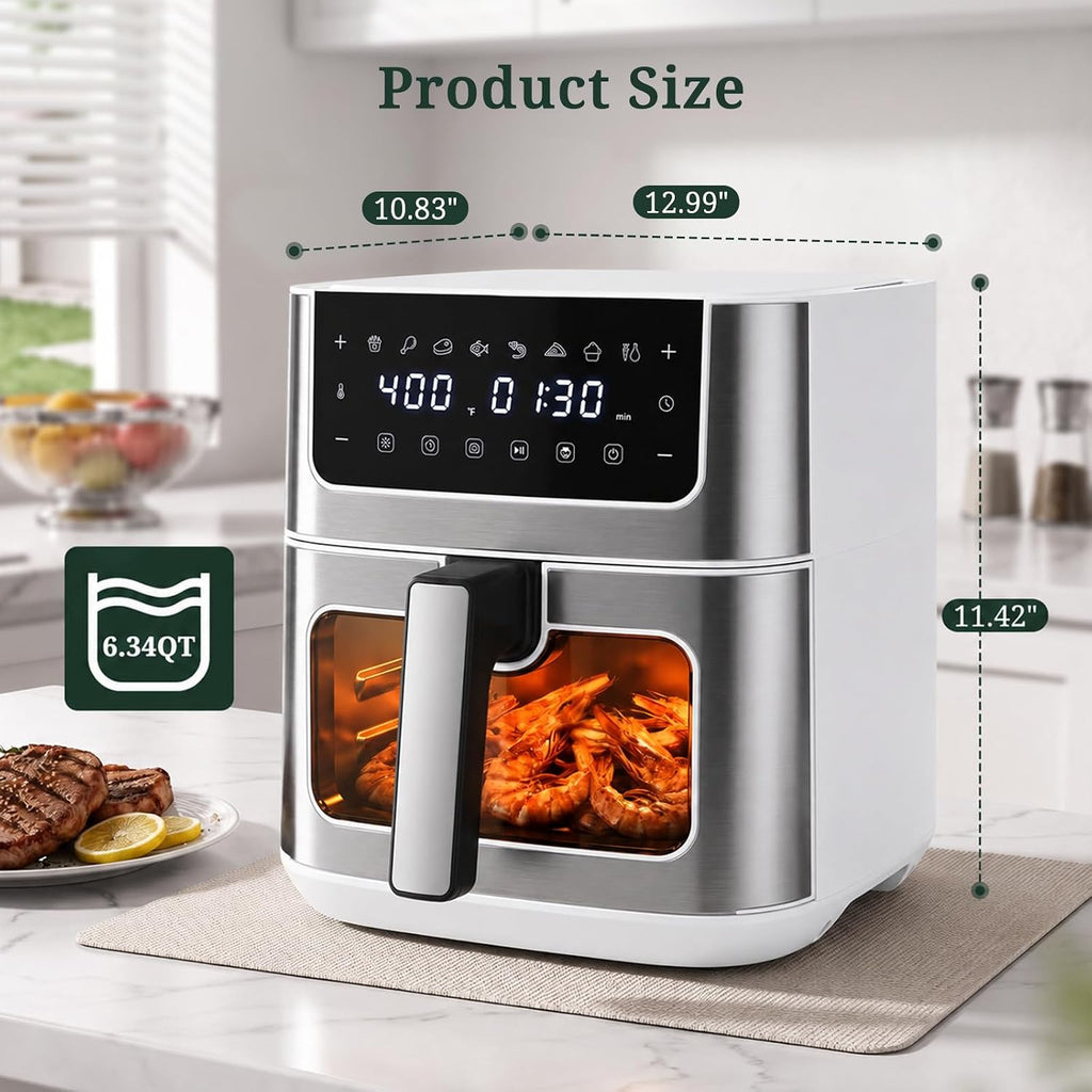 Freidora de aire, freidora de aire de 6.34 cuartos de galón con ventana de visión, 8 preajustes de alimentos con calor máximo de 400 °F para freír con aire, asar, recalentar, hornear